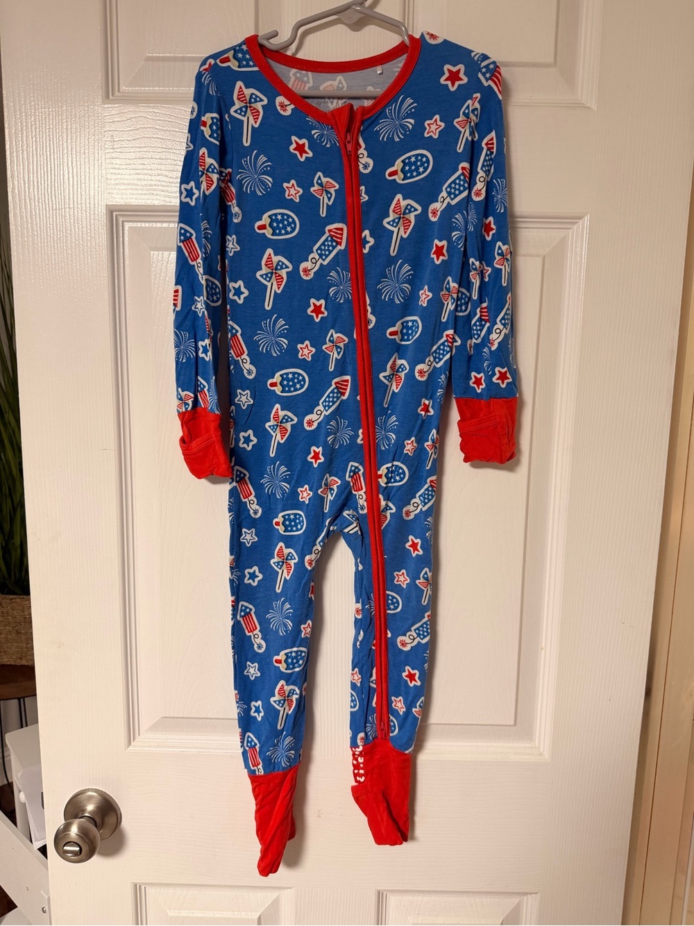 Blue & Red Fireworks Americana Print Footed Bamboo One-Piece Pajama